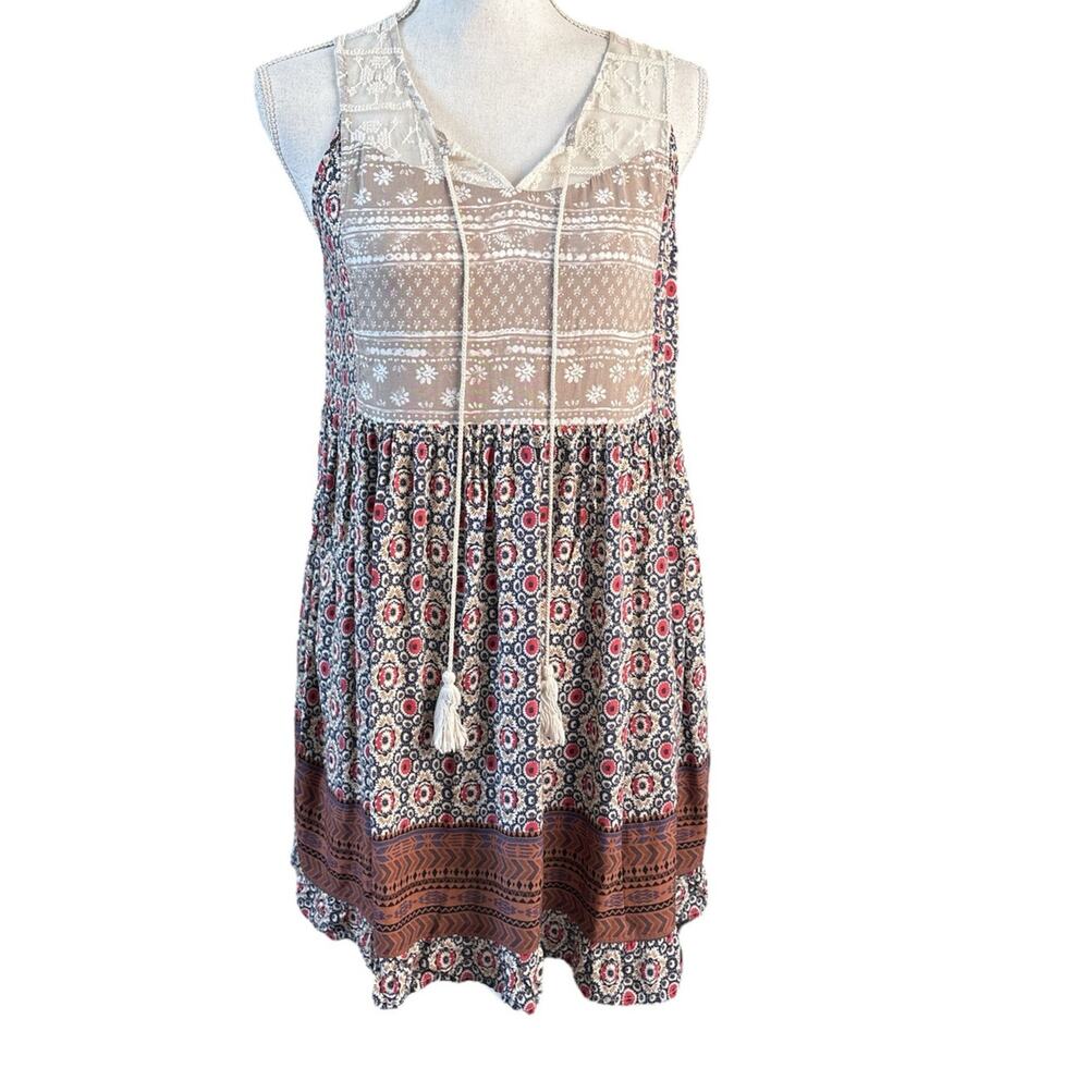 Umgee Boho Tan Navy Floral Dress Small